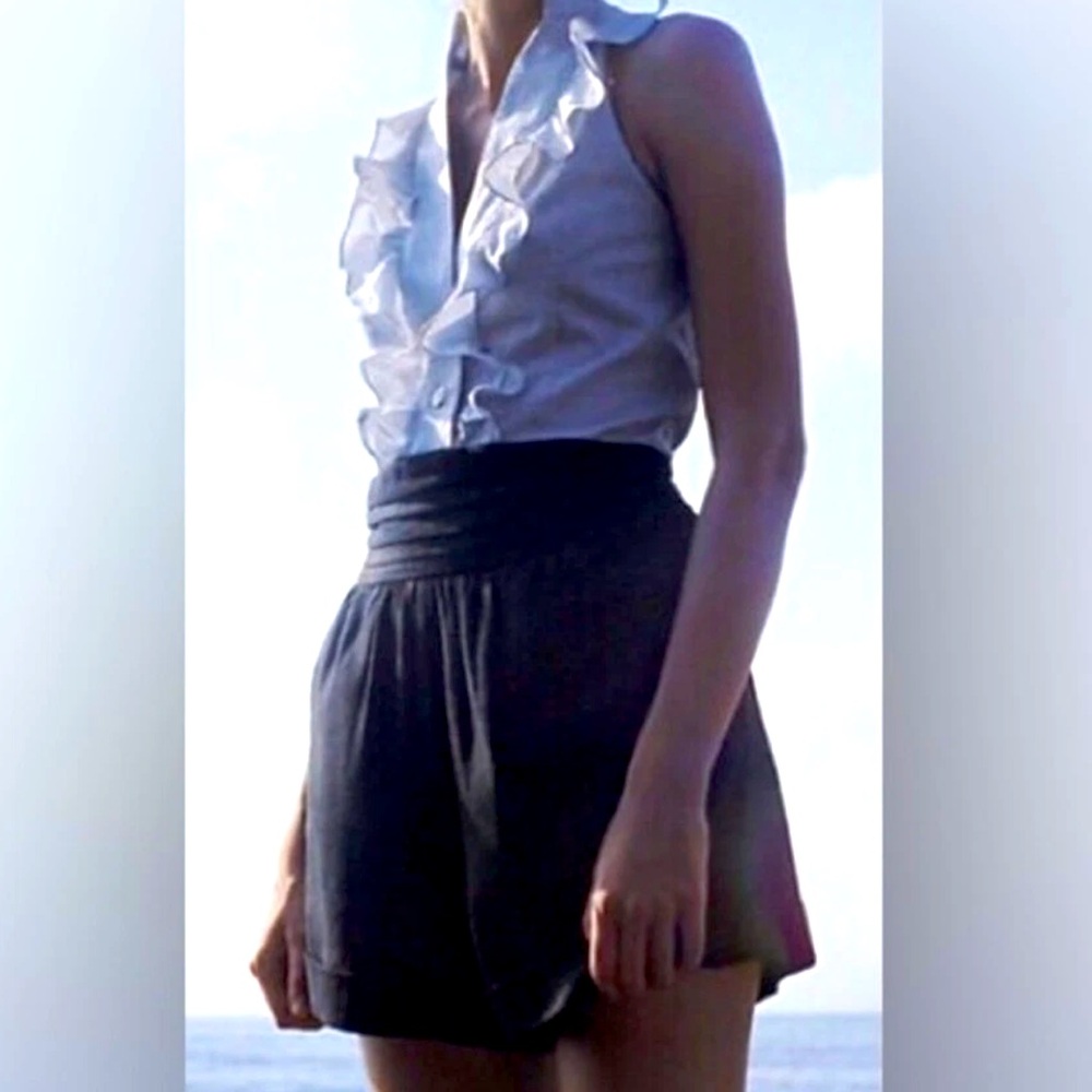 Anthropologie Sunner ruffled Gingham black white romper linen bottom size 6